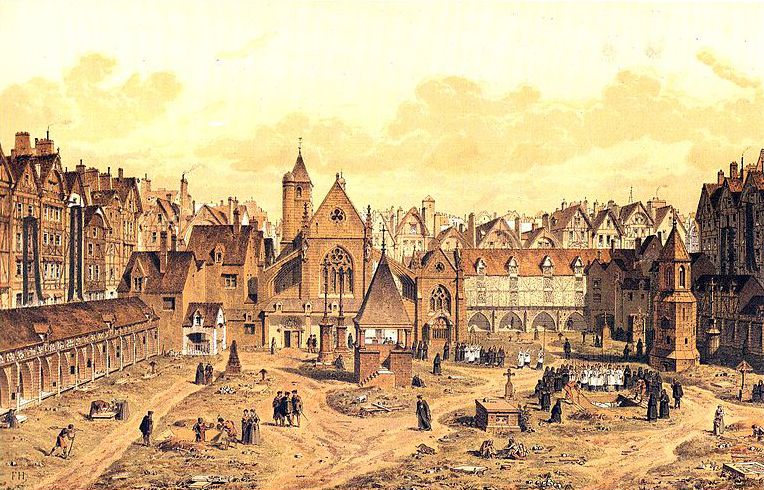 Le cimetière des Saint-Innocents vers 1550, gravure par Theodor Josef Hubert Hoffbauer, fin XIXème siècle