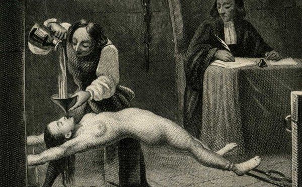 Marquise de Brinvilliers (1630-1676) soumise à la torture, gravure du 19e siècle.
